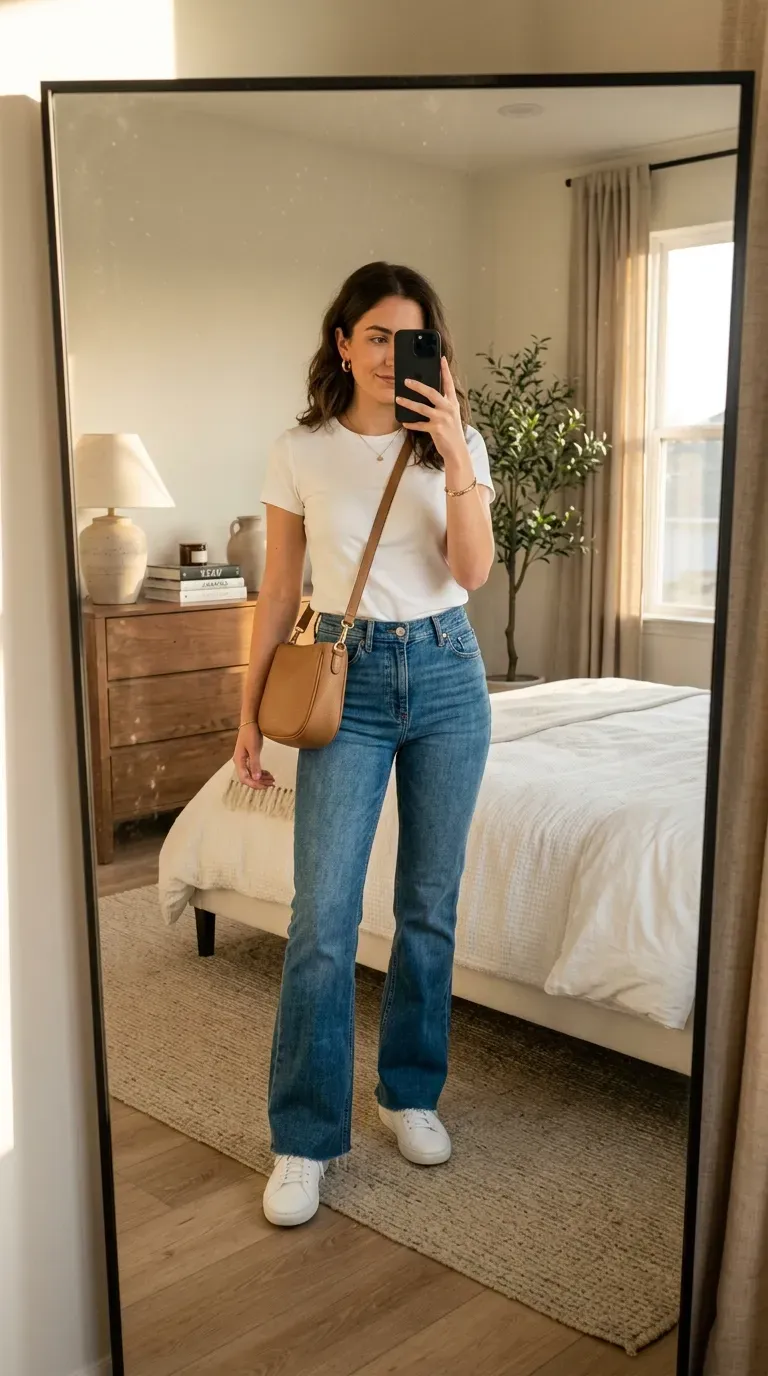 Woman wearing a white T-shirt and flare jeans taking an iPhone mirror selfie.