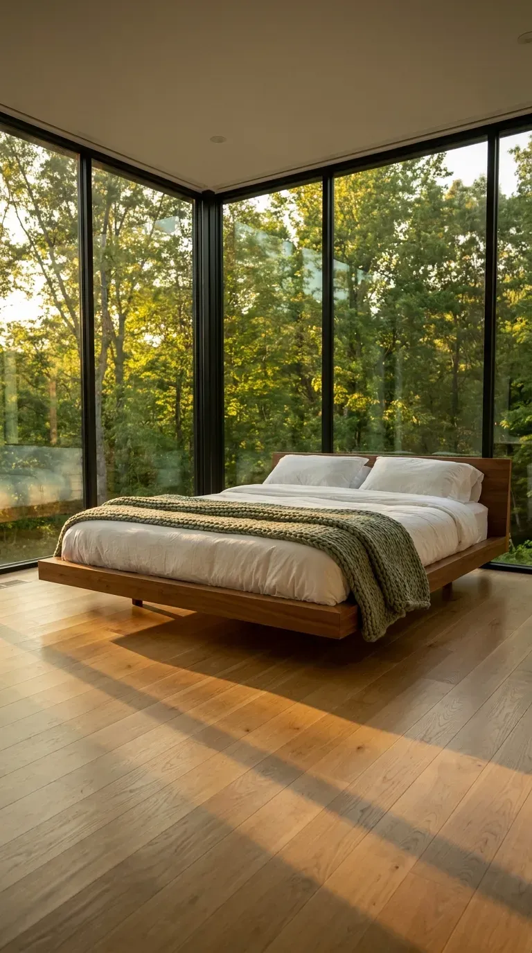 A bed floating in a room facing large floor-to-ceiling windows