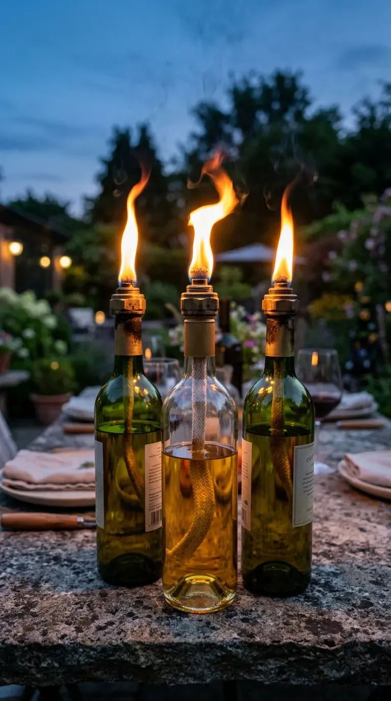 15 Genius DIY Summer Decorations You Need to Try 13 Green and clear wine bottles turned into tiki torches burning brightly