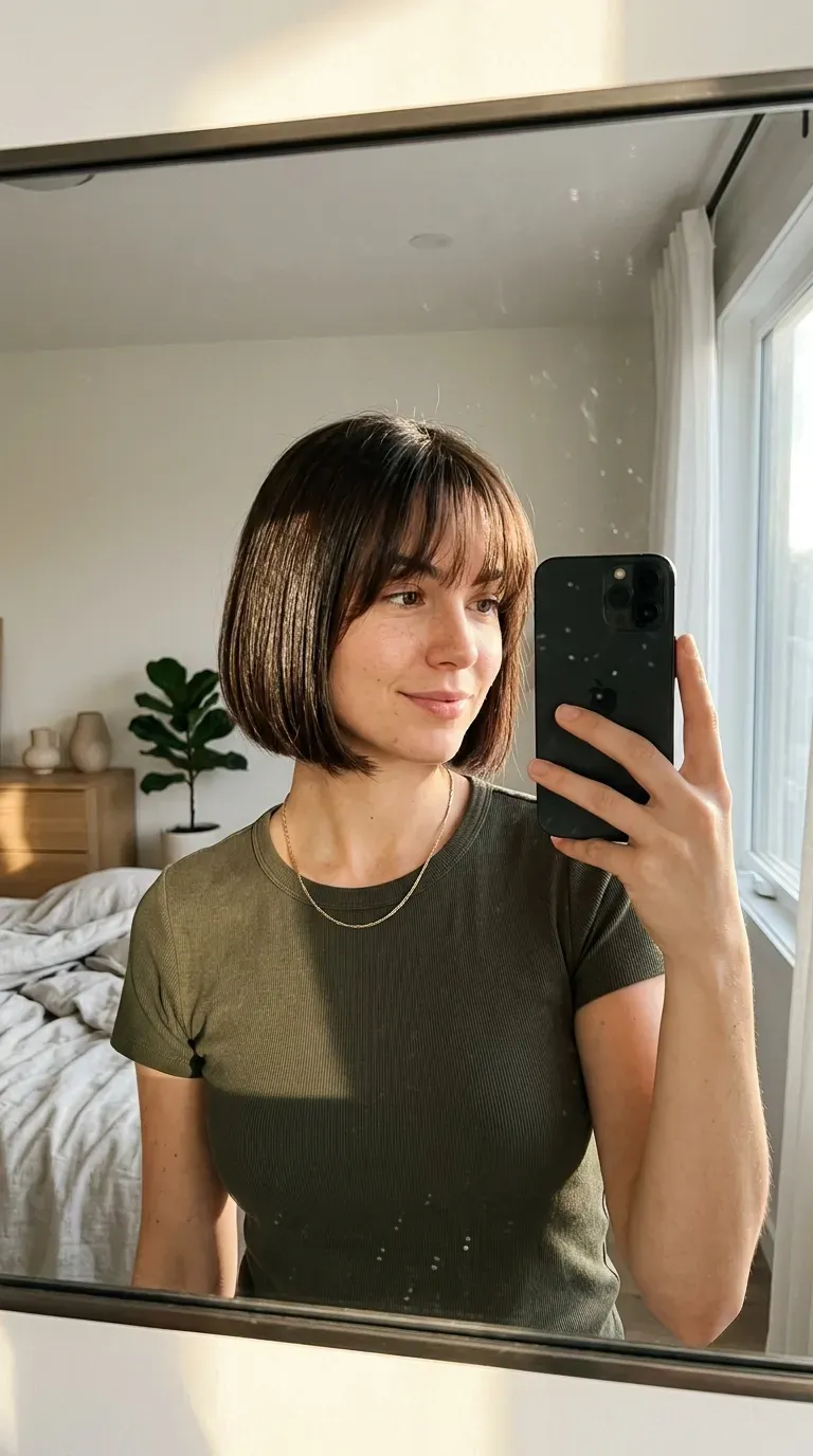 7 Wispy Bangs Haircut Ideas That Are Soft, Chic, and Effortlessly Stylish 4 Woman with a bob haircut and wispy bangs taking an iPhone mirror selfie.