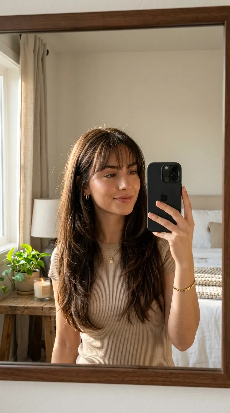 7 Wispy Bangs Haircut Ideas That Are Soft, Chic, and Effortlessly Stylish 3 Woman with long layered hair and wispy bangs taking an iPhone mirror selfie.