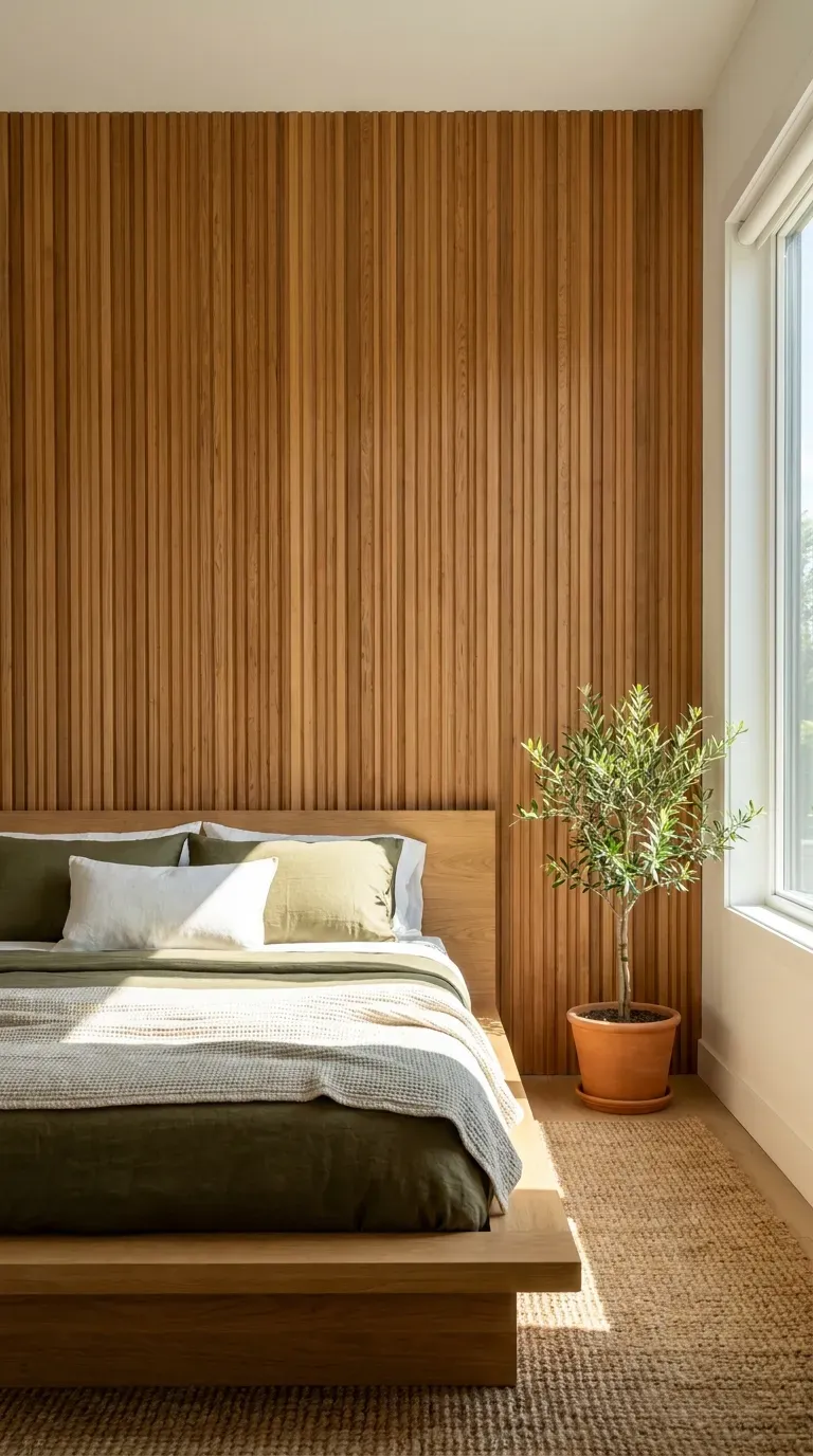 A warm vertical wood slatted accent wall behind a minimalist bed