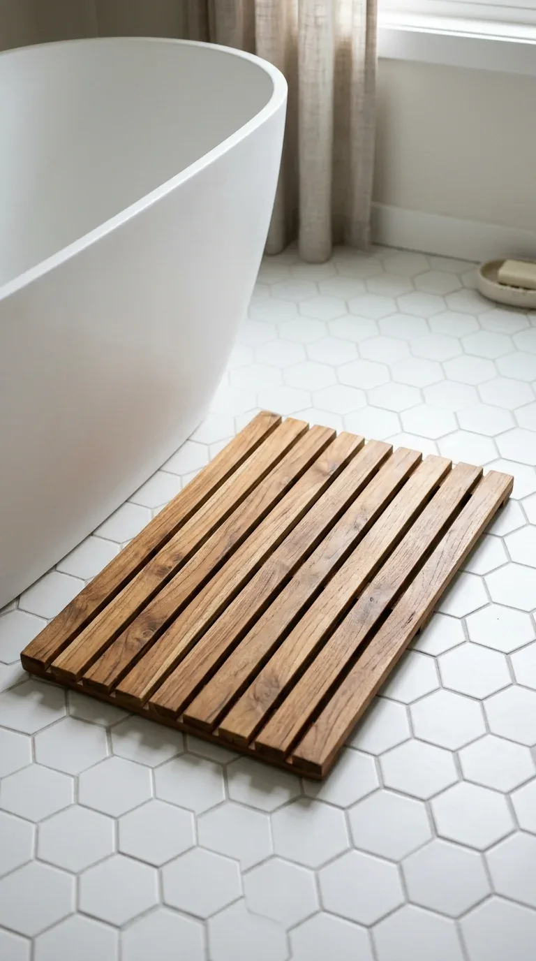 17 Minimalist Bathroom Ideas on a Budget 7 A wooden slatted bath mat on a minimalist bathroom floor beside a bathtub