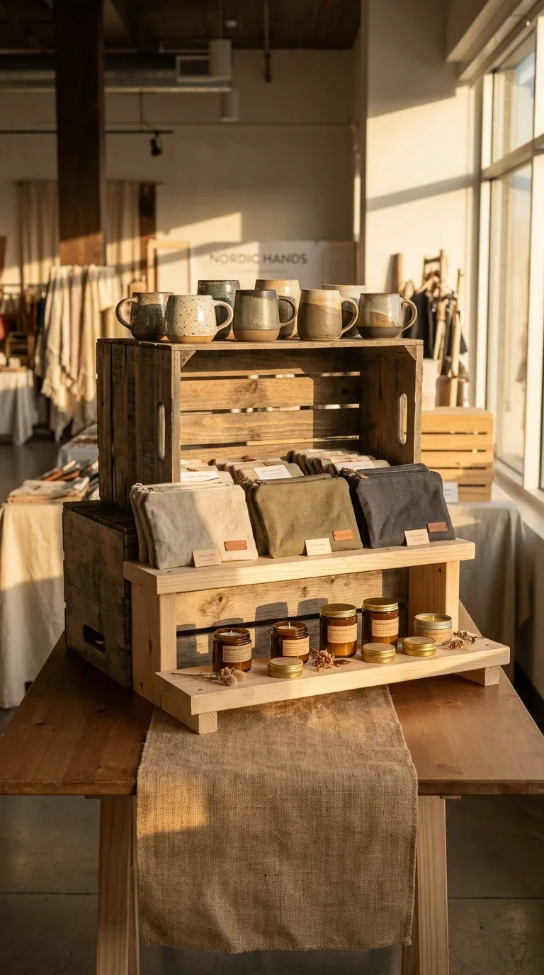17 Creative Craft Booth Ideas for First-Time Vendors 3 A craft booth table using wooden crates and risers to display products at varying heights