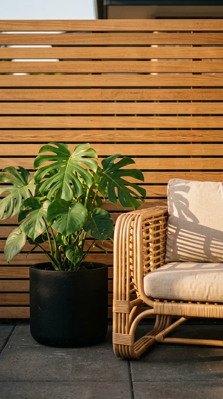 15 Genius DIY Patio Ideas You Need to Try 8 Modern horizontal wooden slat privacy screen next to a lush green patio plant