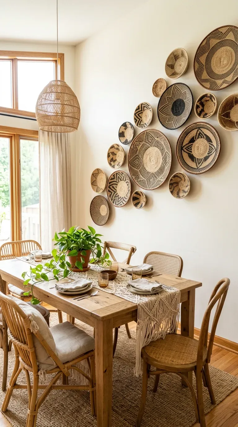 12 Aesthetic Dining Room Wall Decor Styles to Copy Today 9 A bohemian dining room with an arrangement of woven wall baskets