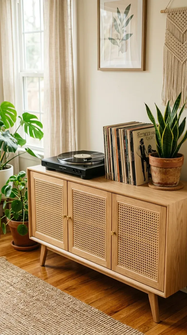 15 Genius Bohemian Home Decor Ideas You Need to Try 9 A stylish light oak media console featuring woven cane door inserts