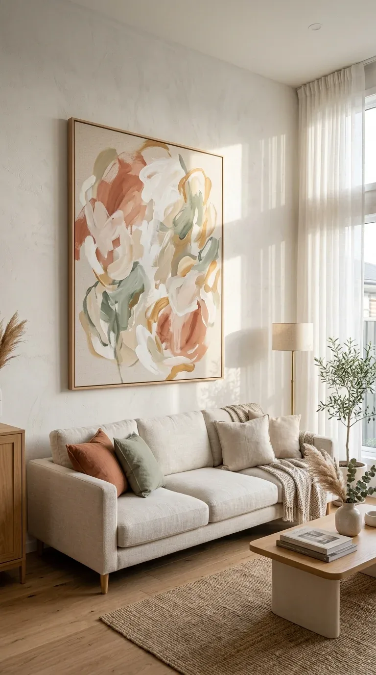 A woven floor pouf styled as extra seating in a cozy living room