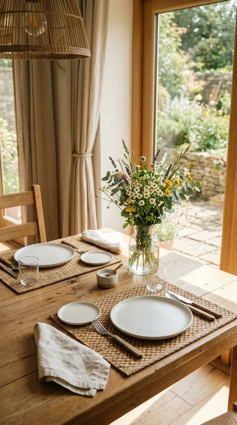 17 DIY Summer Decorations on a Budget 9 A dining table set with natural woven placemats and simple white dishware for summer
