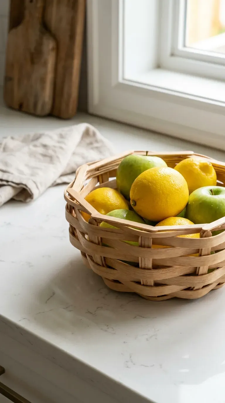 14 Must-Try Easy Popsicle Stick Crafts That Look Insane 7 A curved, woven wooden basket holding fresh fruit on a counter