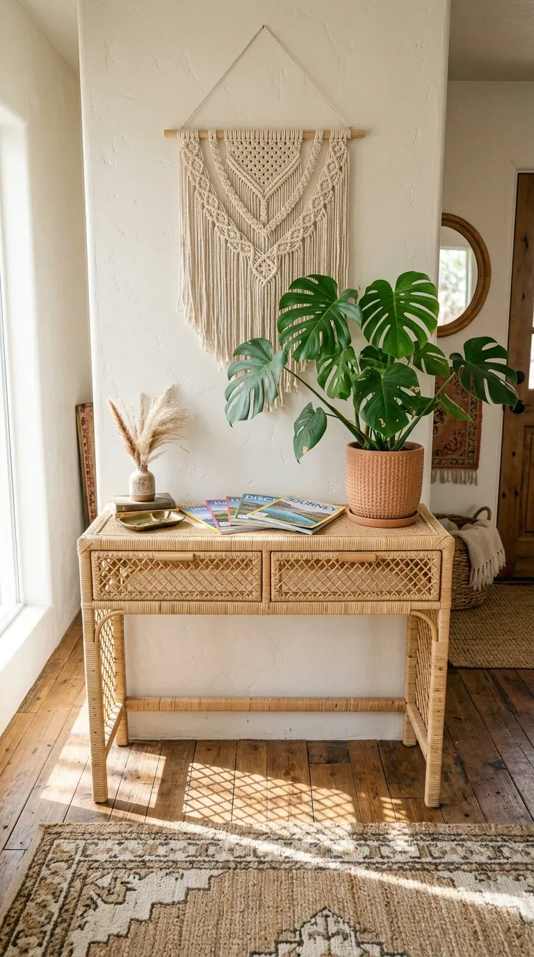 Light woven rattan console table in a sunny bohemian entryway