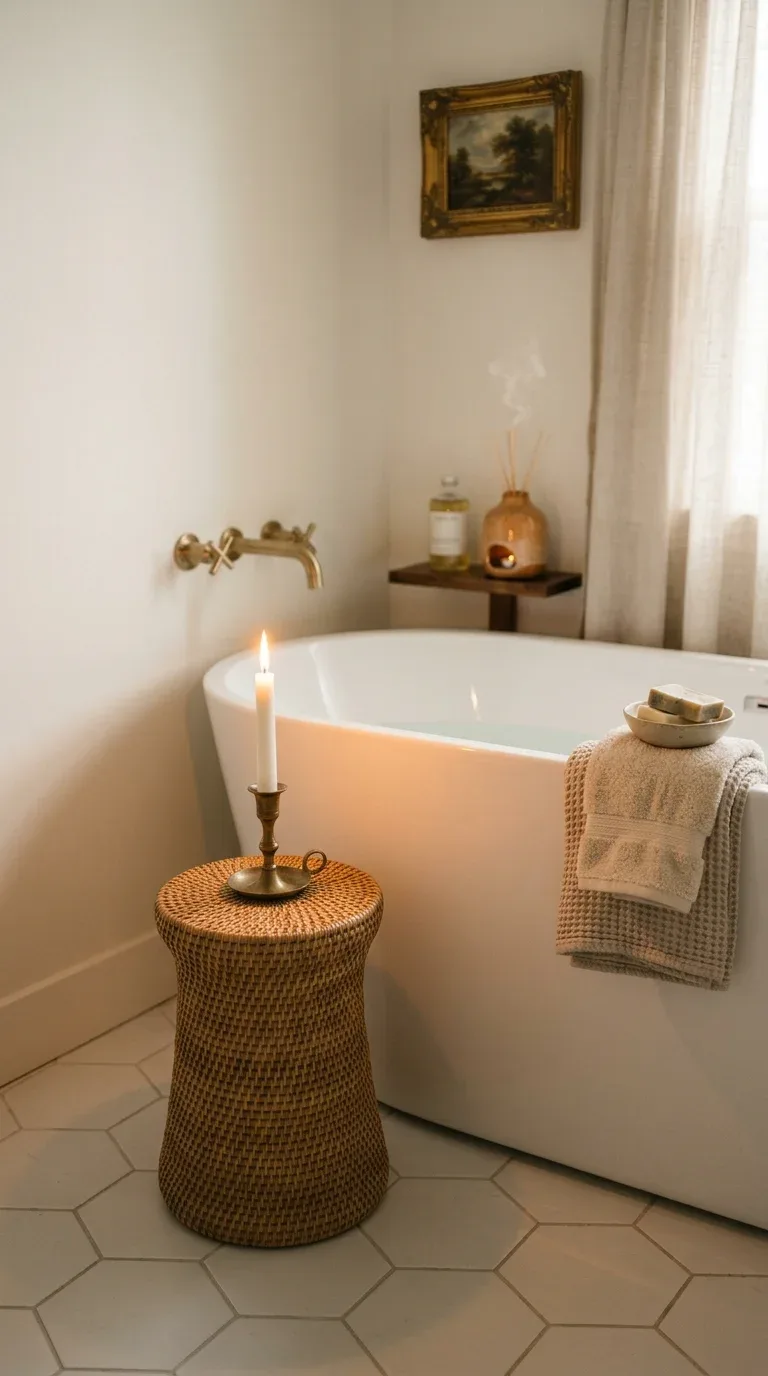17 Minimalist Bathroom Ideas on a Budget 14 A small woven rattan stool positioned in the corner of a minimalist bathroom
