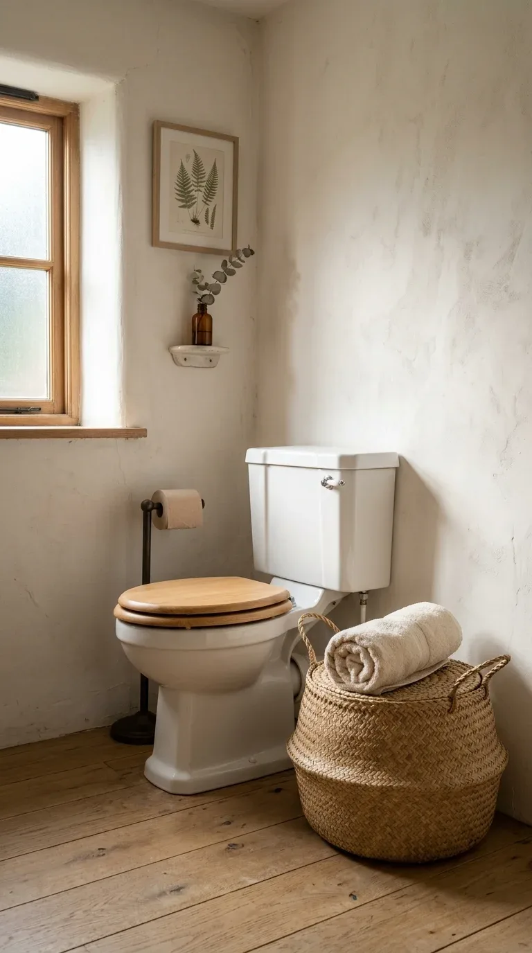 17 Minimalist Bathroom Ideas on a Budget 4 A woven seagrass storage basket beside a toilet in a minimalist bathroom