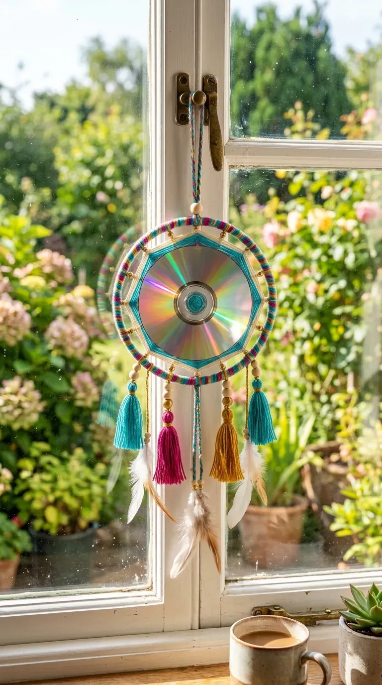 Colorful woven yarn mandala dreamcatcher hanging in a sunny window