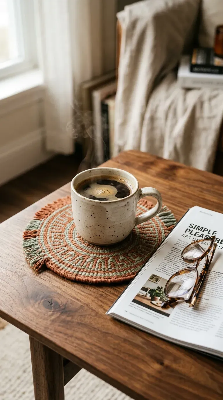 Handwoven yarn coaster resting under a ceramic coffee mug
