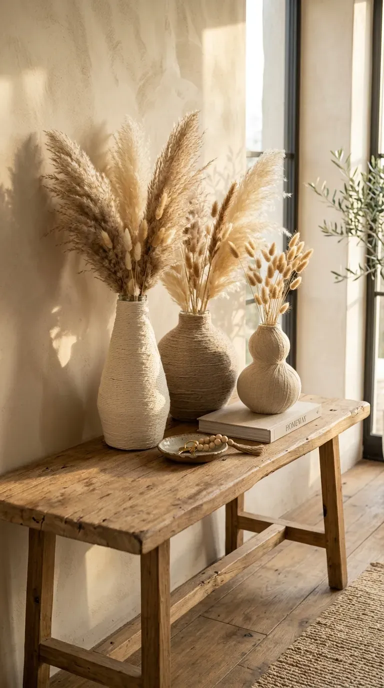 Glass vases tightly wrapped in neutral yarn holding dried pampas grass