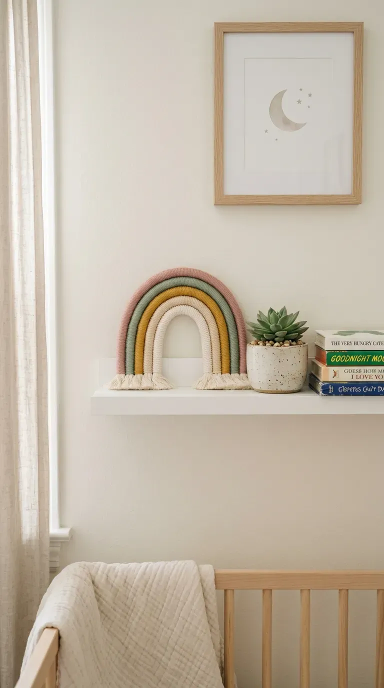 Pastel yarn-wrapped rope rainbow sitting on a floating nursery shelf