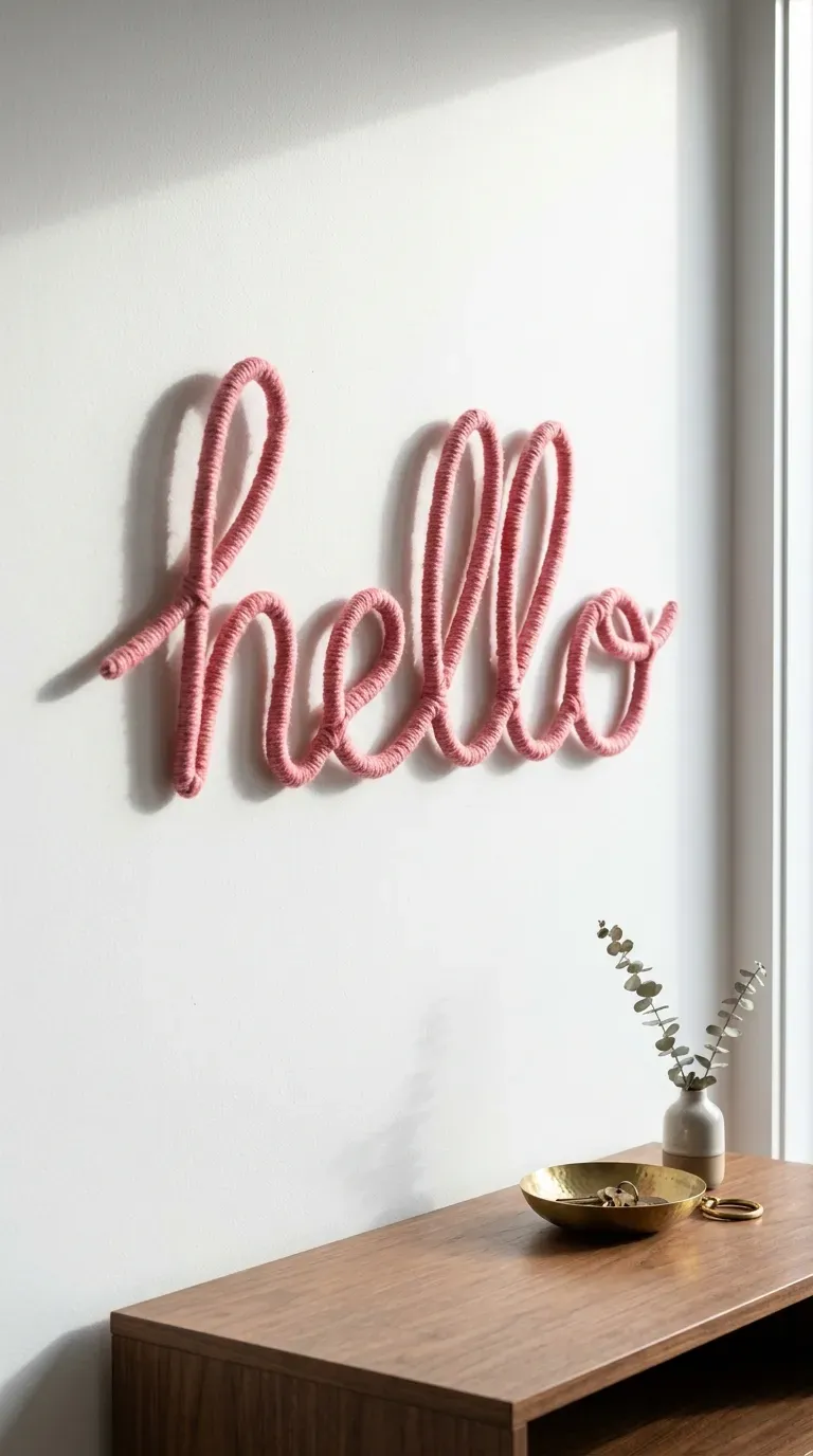 The word 'hello' made from wire wrapped in pink yarn on a wall