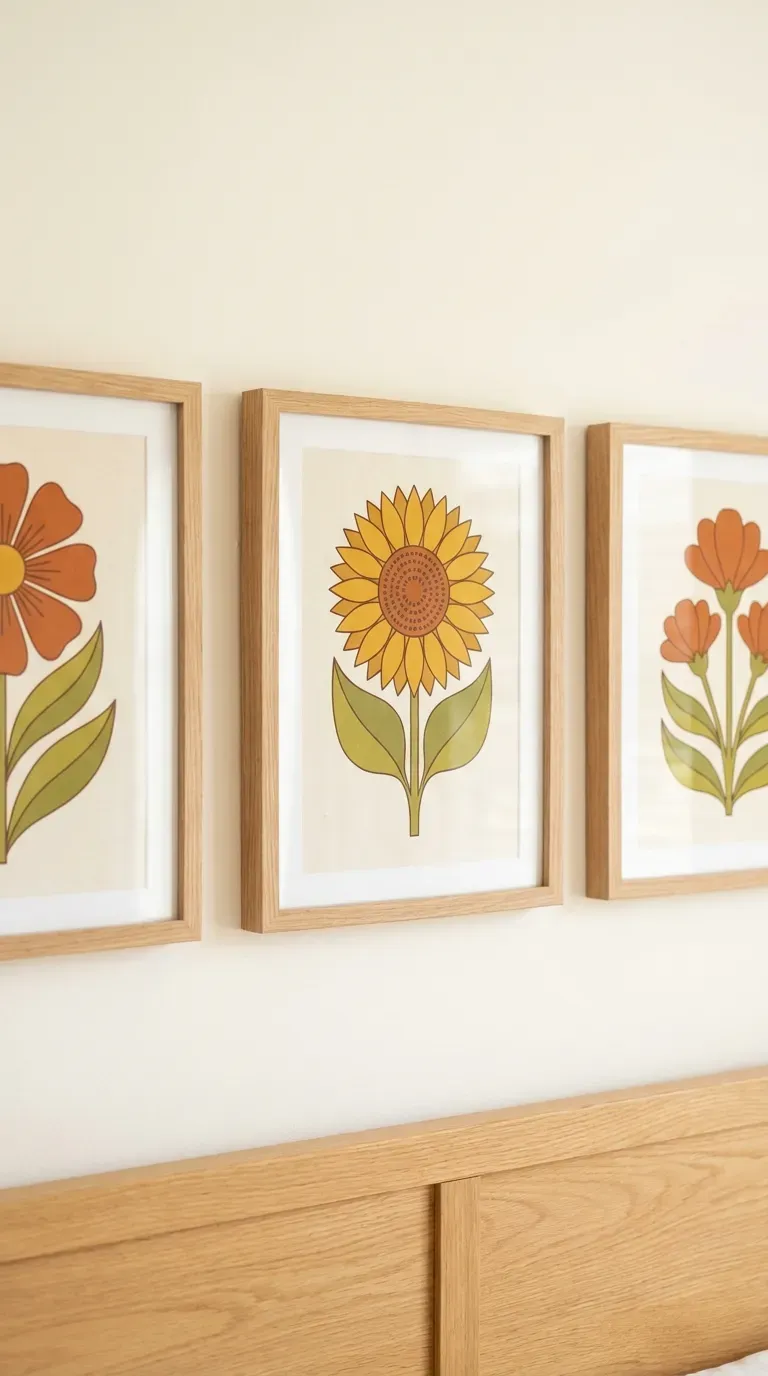 12 Stunning Retro Bedroom Ideas That Look Insanely Chic 13 trio of framed 1970s retro floral and botanical art prints hung above a bed