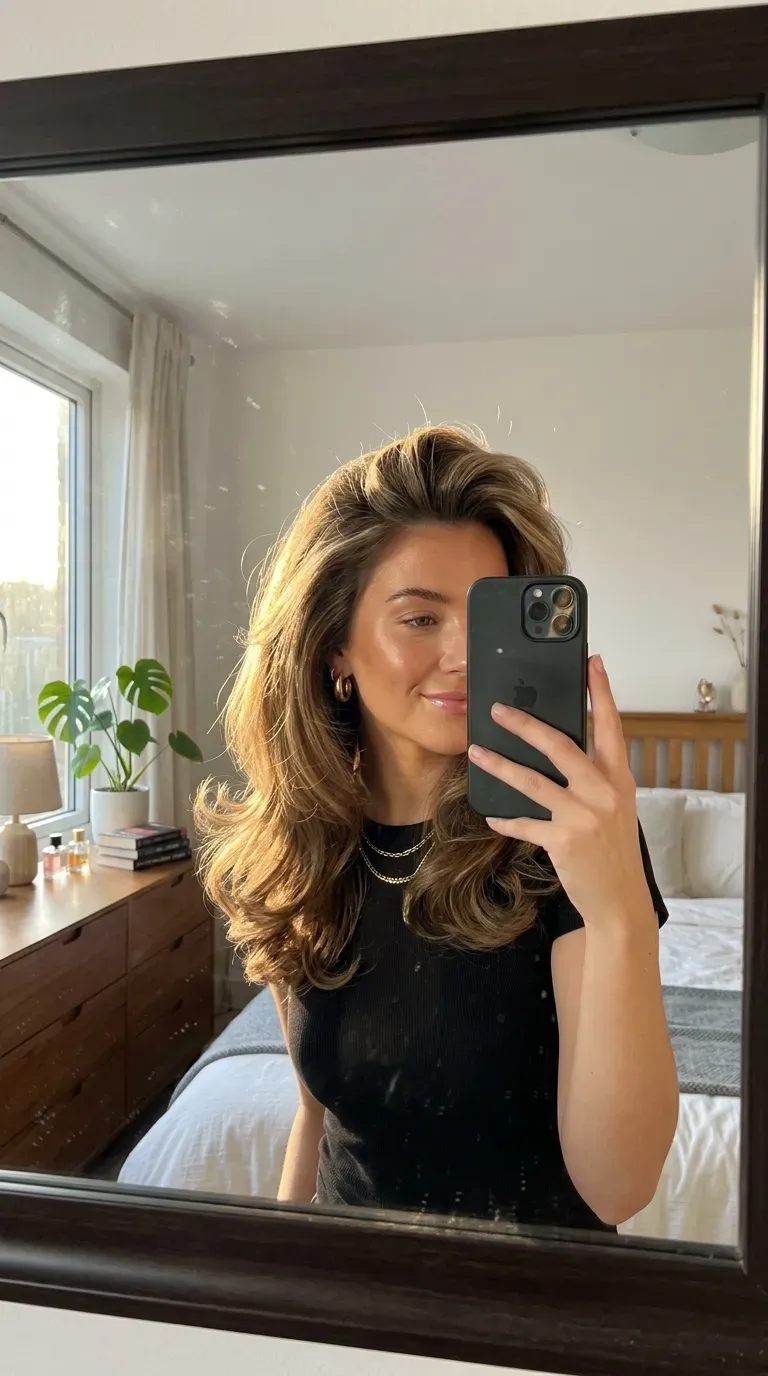 Woman taking an iPhone mirror selfie showing a glamorous voluminous 90s inspired blowout.