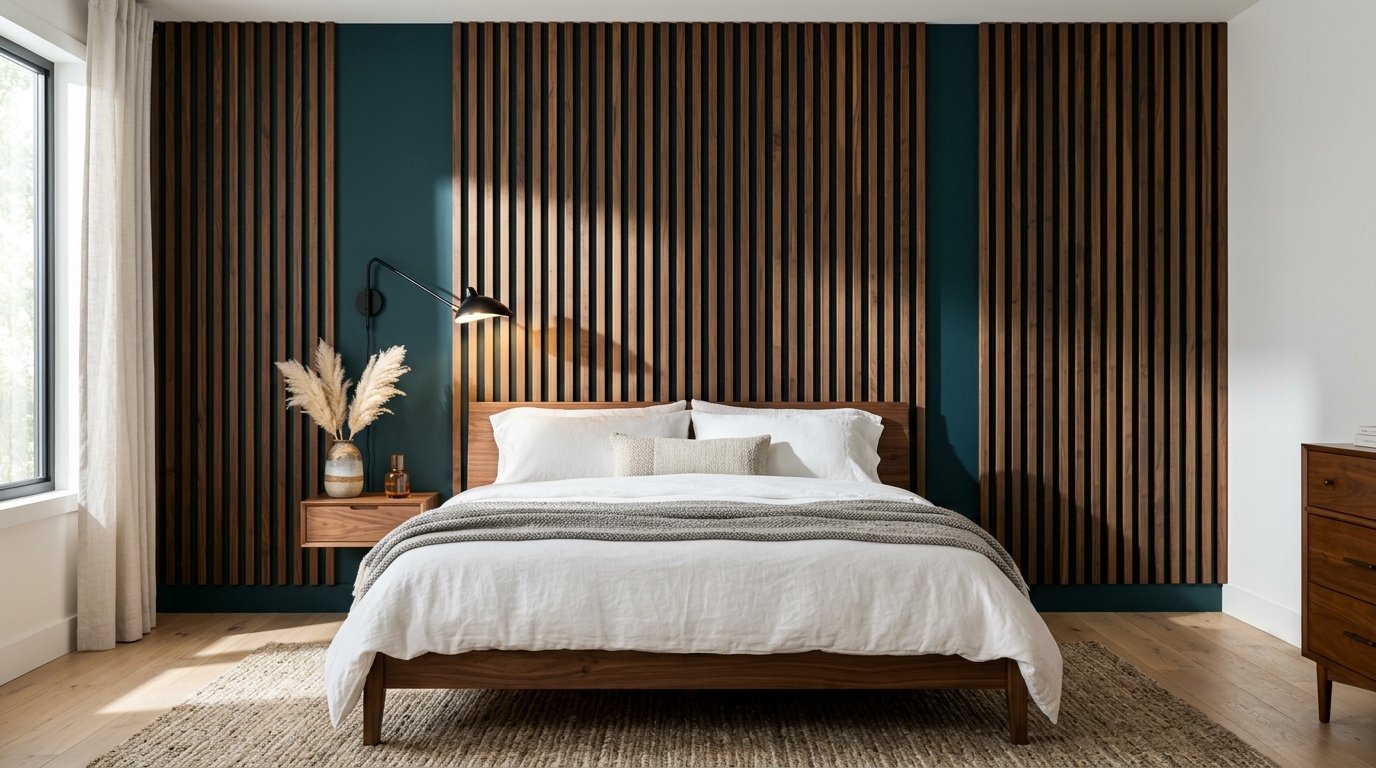 Contemporary bedroom with walnut… 202608140246 teal and walnut interiors