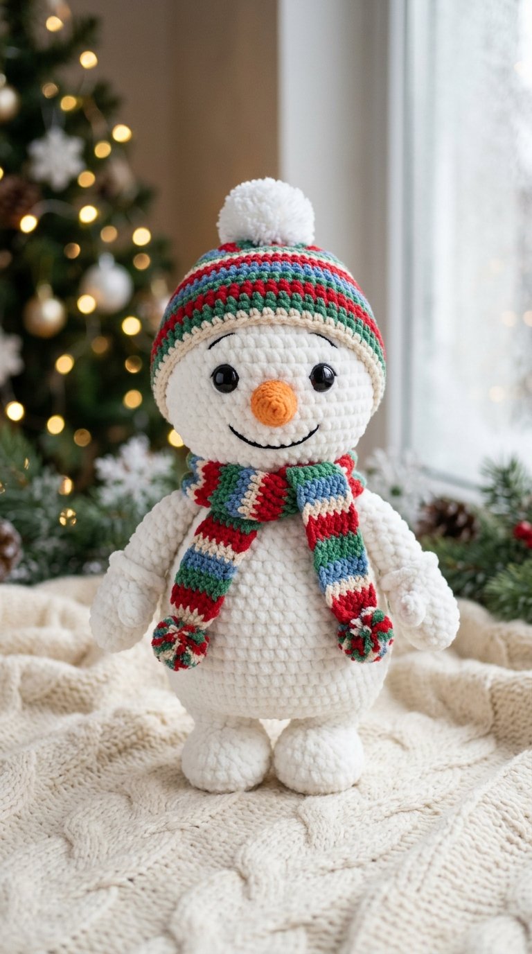 Snowman Amigurumi Pattern: A Cozy Crochet Winter Friend 2 Handmade snowman stands on blanket 202608122315
