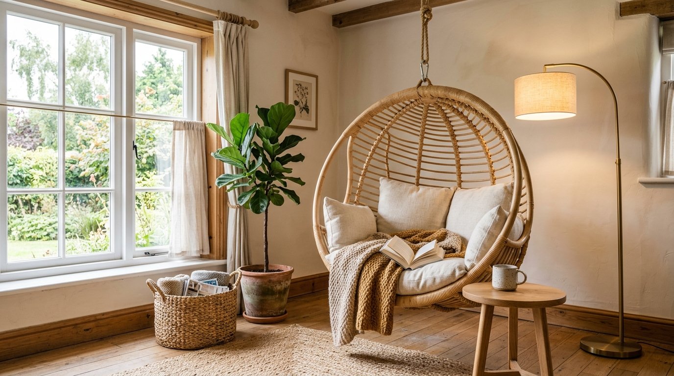Hanging chair reading nook interior 202608290157