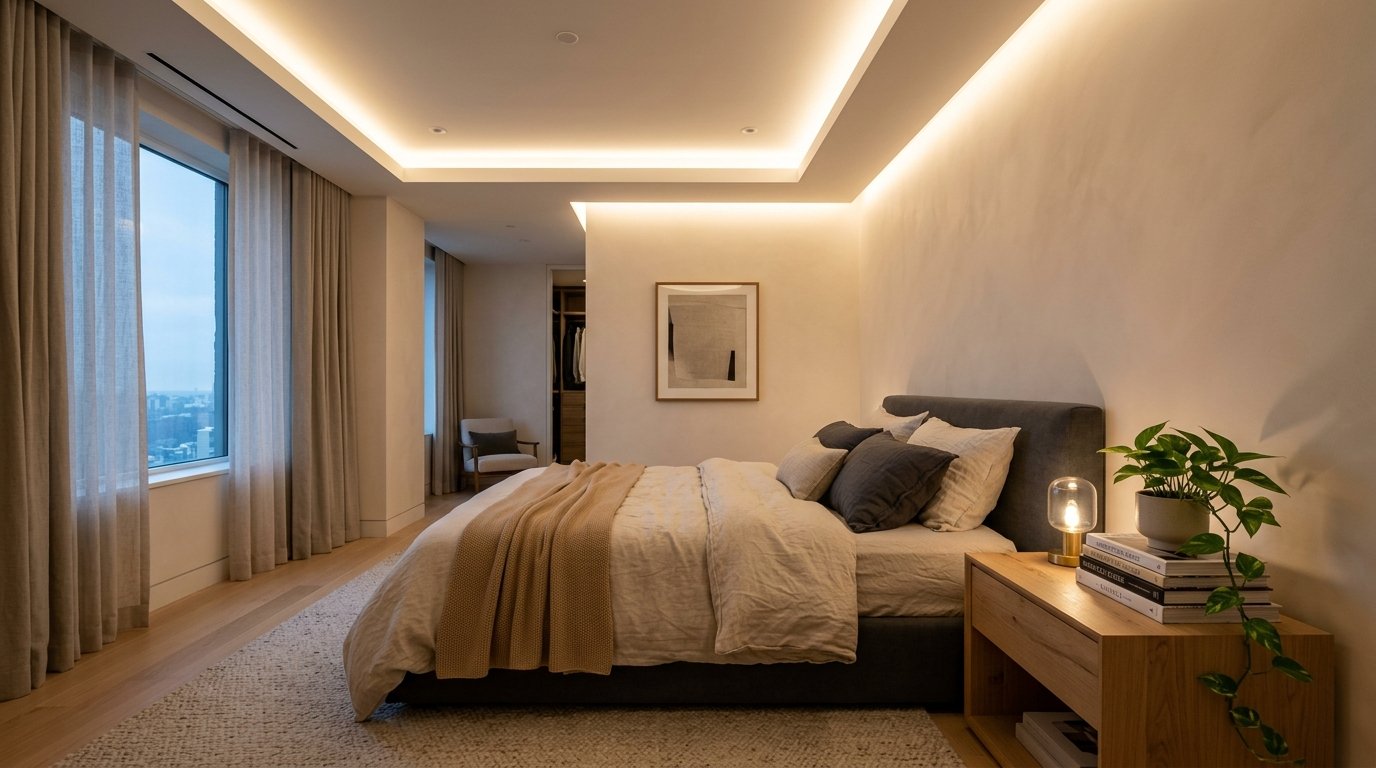 Modern bedroom with dropped ceiling 202608080115 Ambient lighting