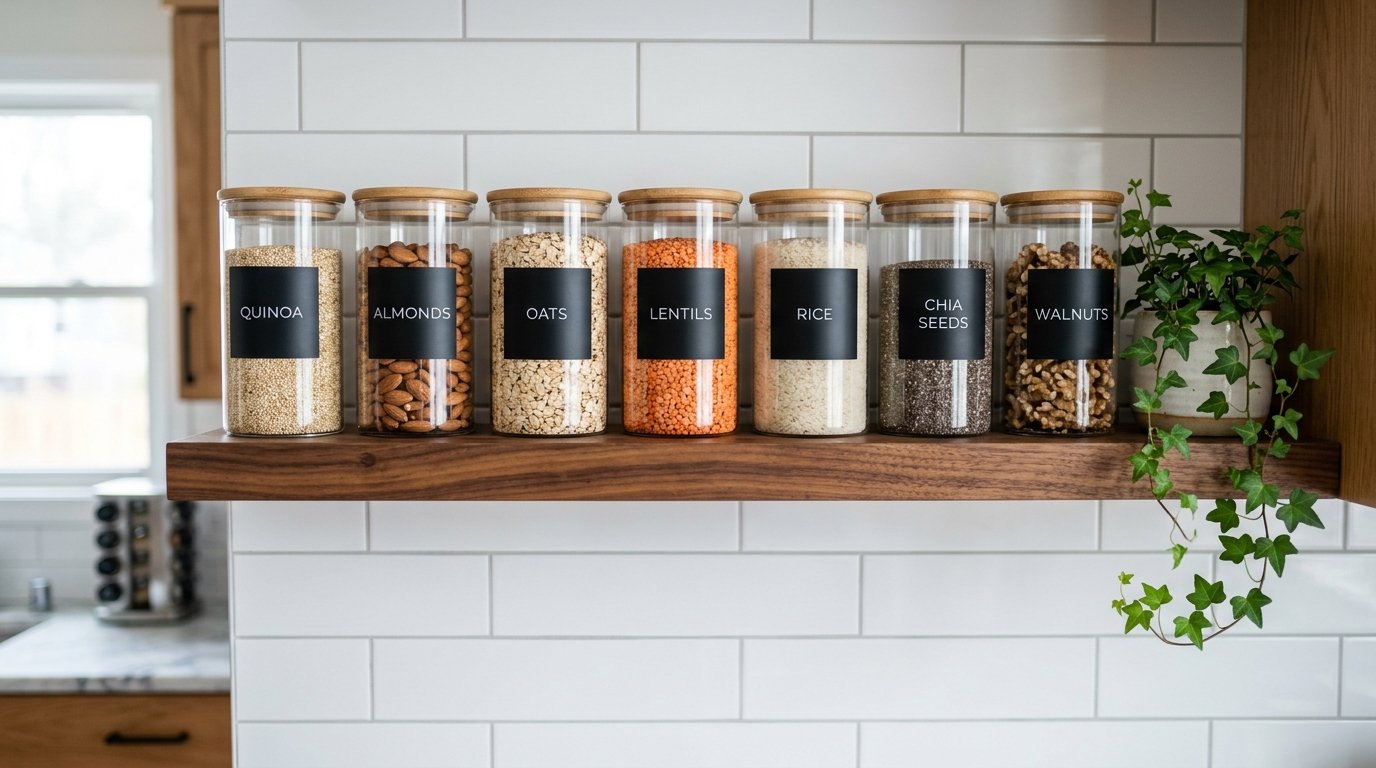 Pantry jars on wooden shelf 202608071453 Ambient lighting