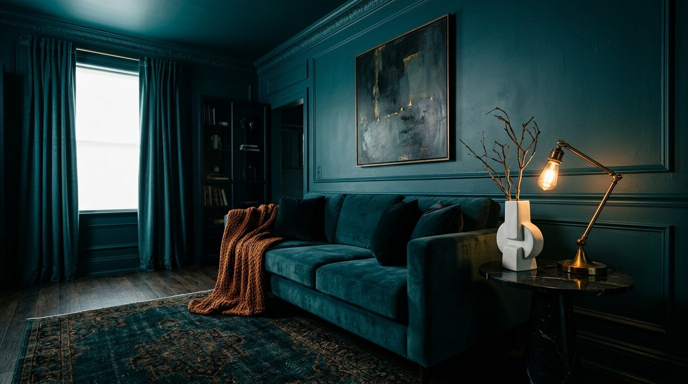 Teal living room with velvet 202608050424