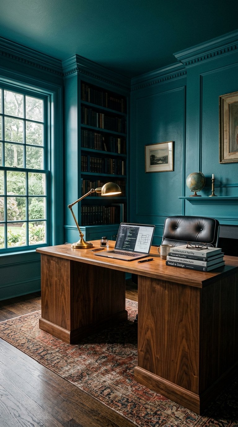 Walnut desk in teal office 202608140245 teal and walnut interiors