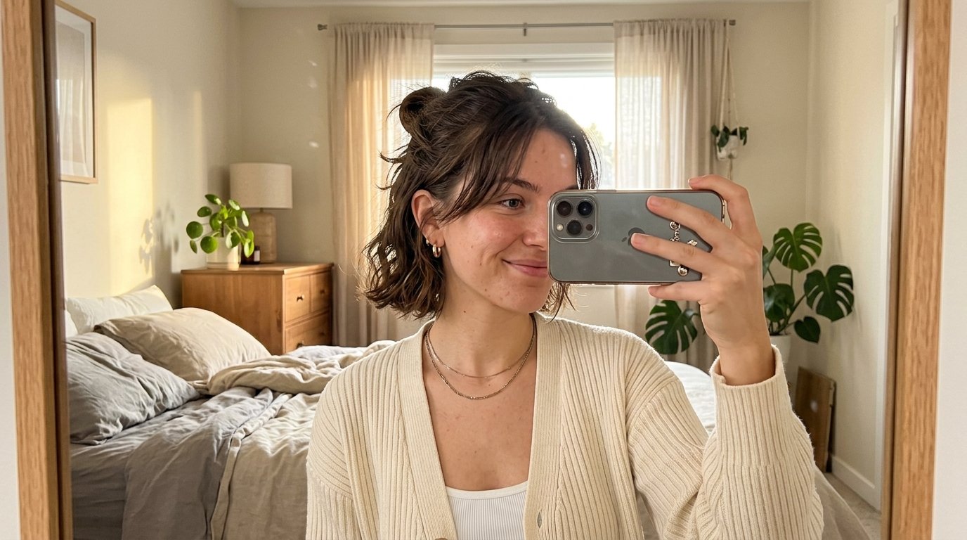 Woman taking bedroom mirror selfie 202608301534