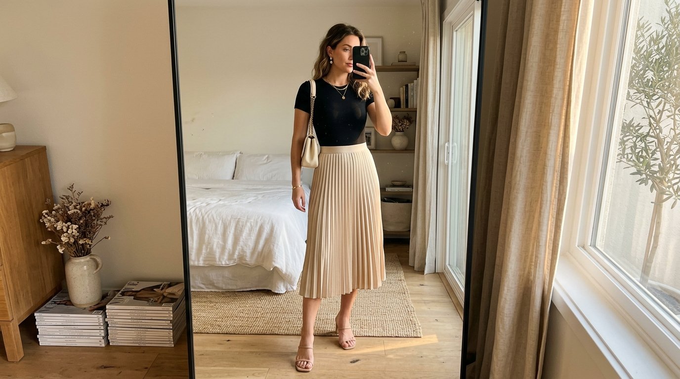 Woman taking mirror selfie outfit 202608040144