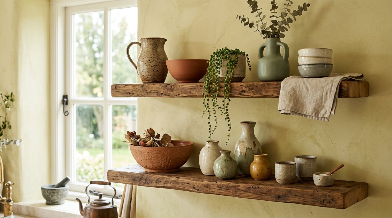 Wooden shelves with artisanal po… 202608071427 Ambient lighting