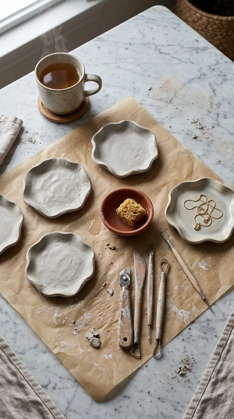 12 Aesthetic Craft Night Ideas for a Dreamy Evening 2 Aesthetic setup of raw air dry clay and sculpted dishes