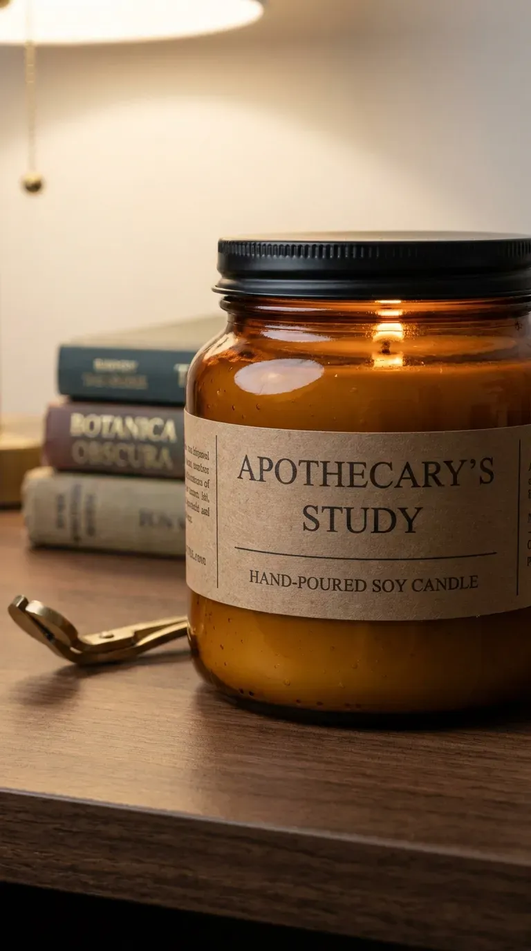 10 Modern DIY Soy Candle Ideas That Are Big in 2026 3 amber glass jar soy candle with black lid and minimalist kraft label on a desk