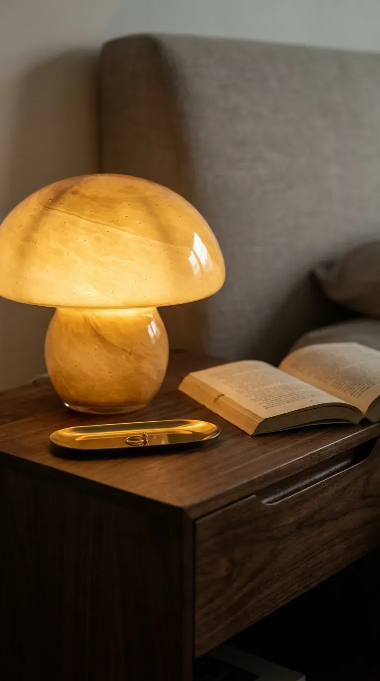 12 Stunning Retro Bedroom Ideas That Look Insanely Chic 5 vintage style glowing amber glass mushroom lamp on a dark wood nightstand