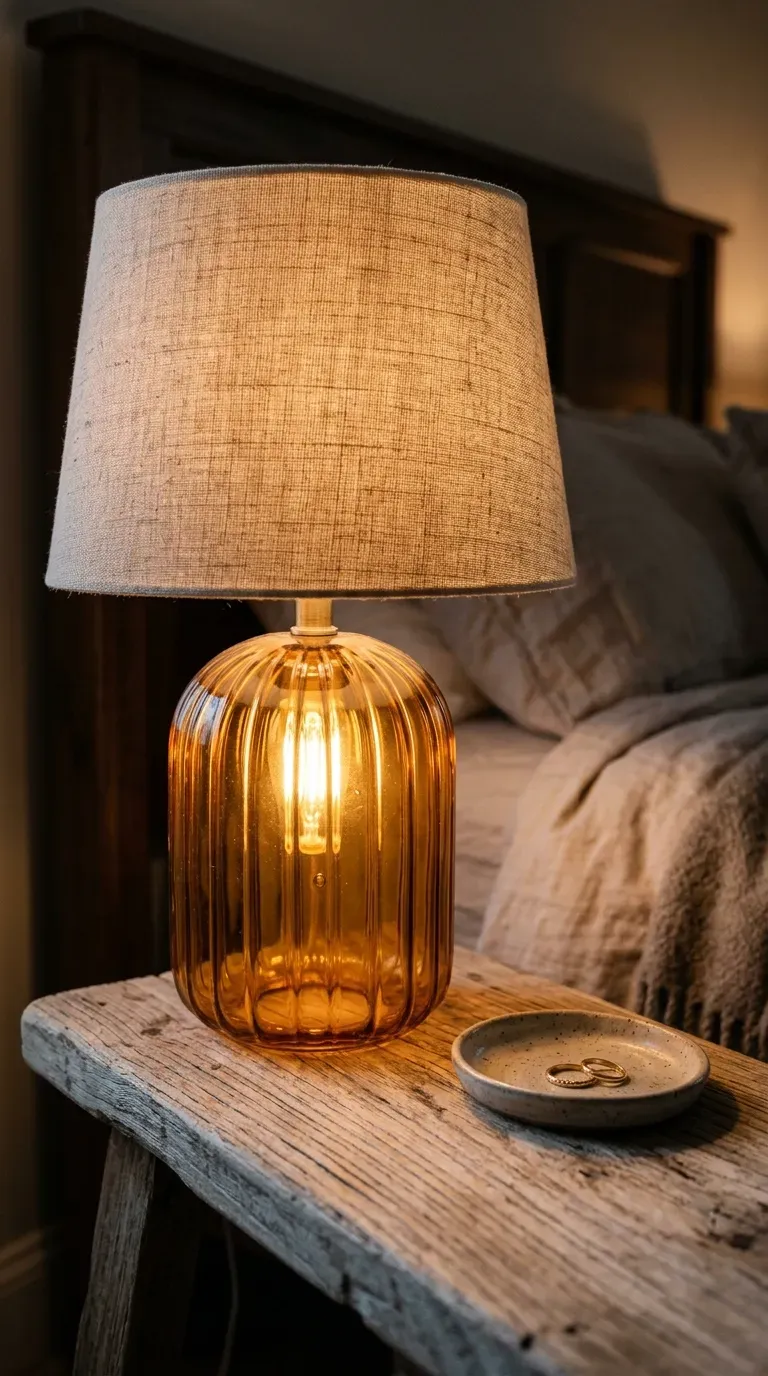 13 Genius Brown Bedroom Ideas You Will Want to Copy ASAP 10 vintage amber glass table lamp glowing warmly on a rustic wood nightstand