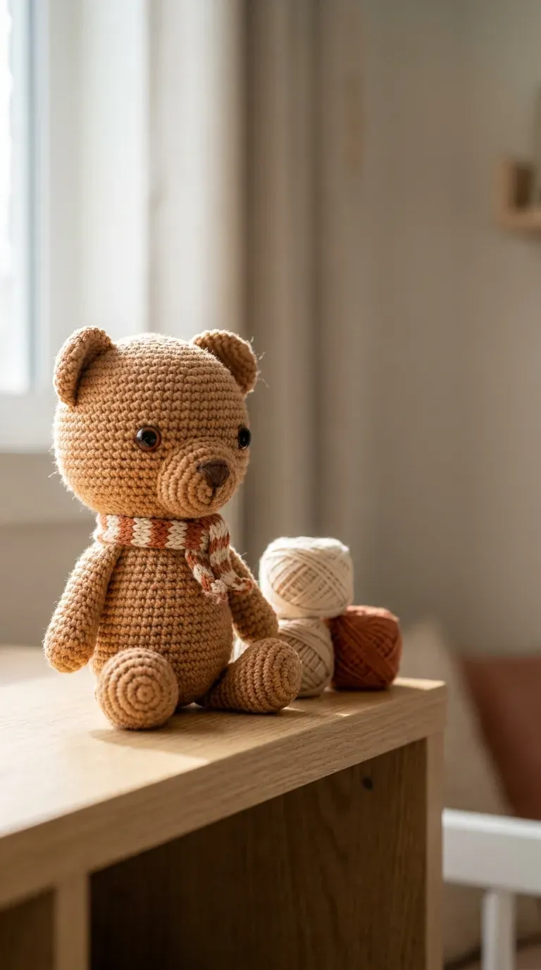 small handmade crochet amigurumi bear sitting on a wooden shelf