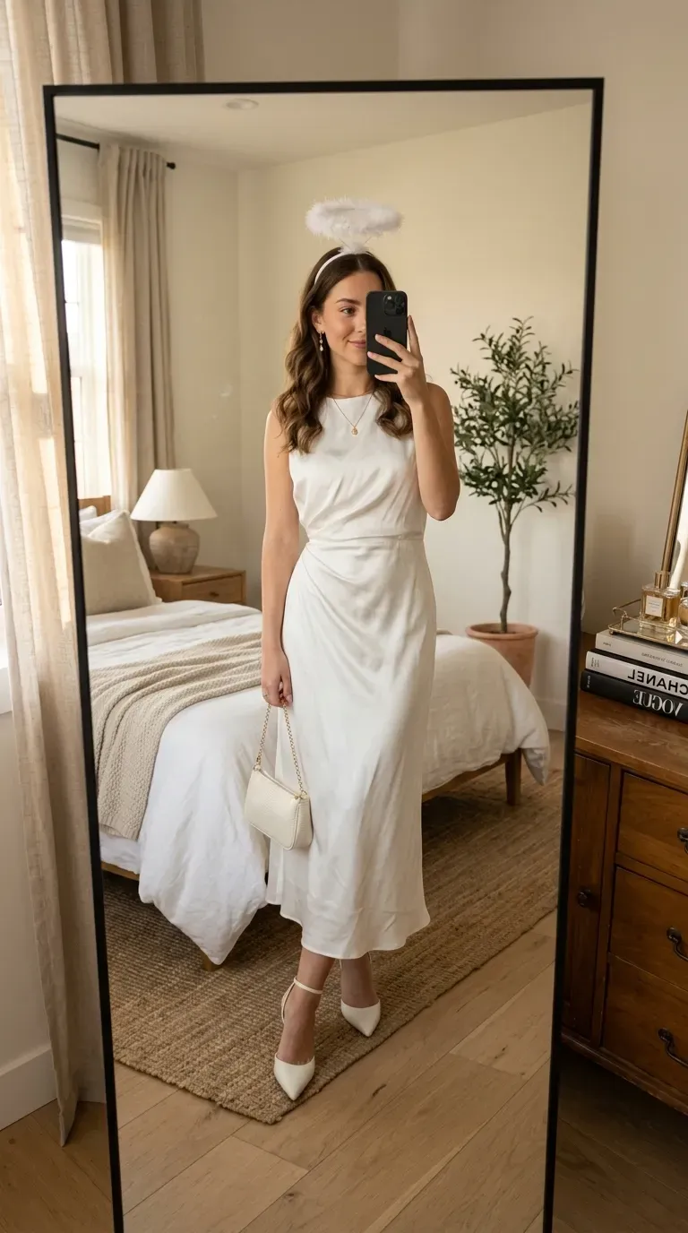 Woman wearing elegant white angel-inspired Halloween outfit with heels and accessories.