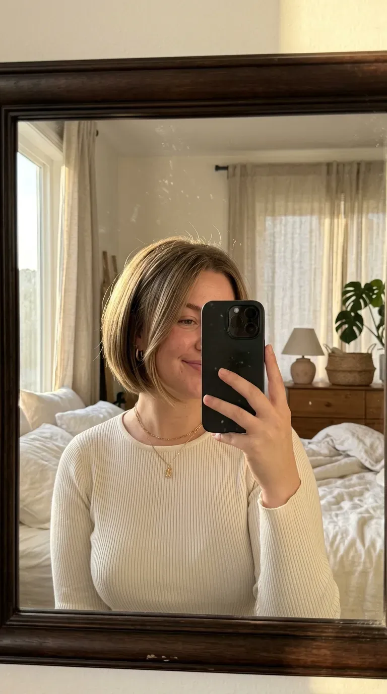 Woman taking an iPhone mirror selfie showing an angled bob with longer face-framing front pieces.