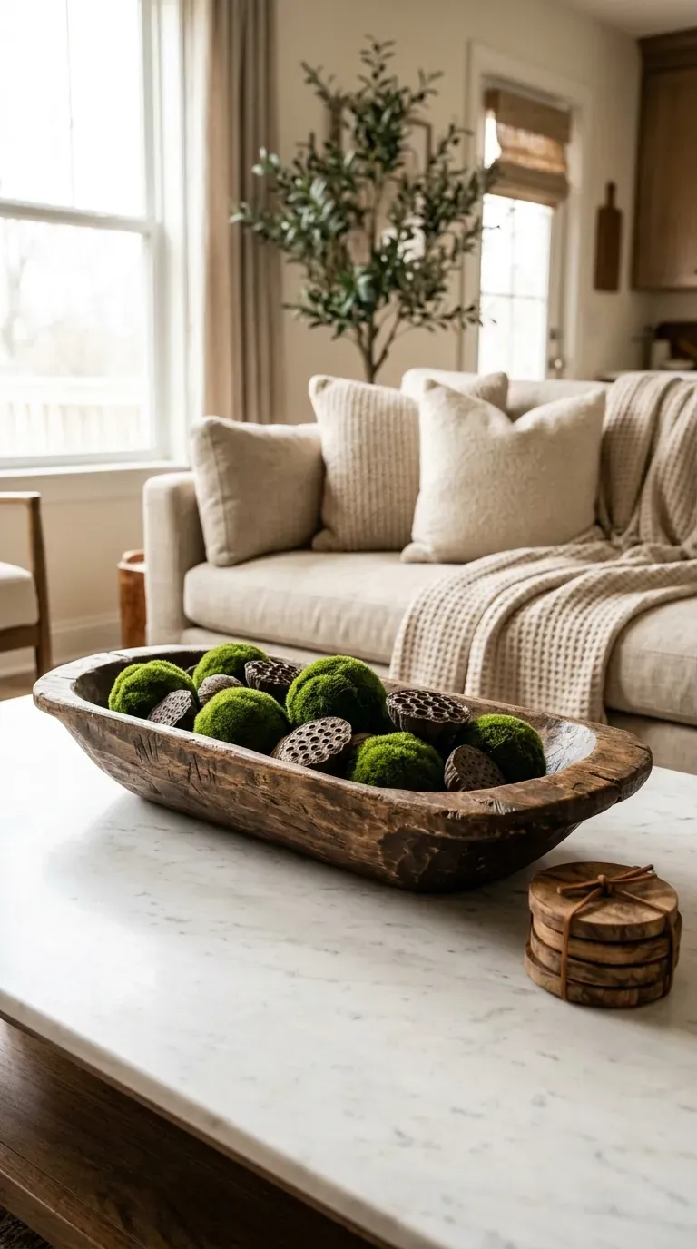 Long antique wooden dough bowl filled with moss on a coffee table
