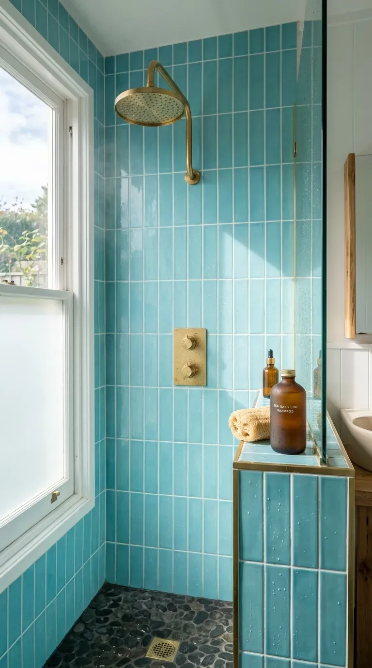 15 Genius Blue Tile Bathrooms You Need to Try 11 Vertically stacked aqua blue subway tiles with unlacquered brass hardware