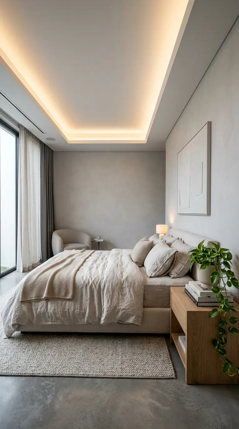 Soft warm LED cove lighting illuminating a modern bedroom ceiling