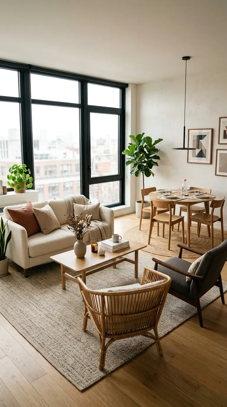 Small open-plan apartment using rugs to visually separate living and dining areas.