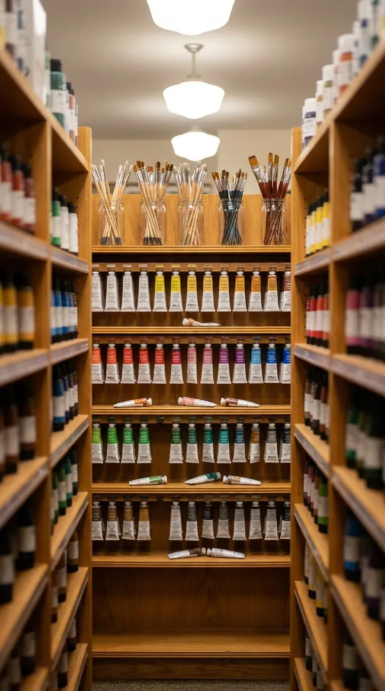13 Craft Outing Ideas Every Maker Will Love 8 shelves of paint tubes and brushes displayed in an art supply store aisle