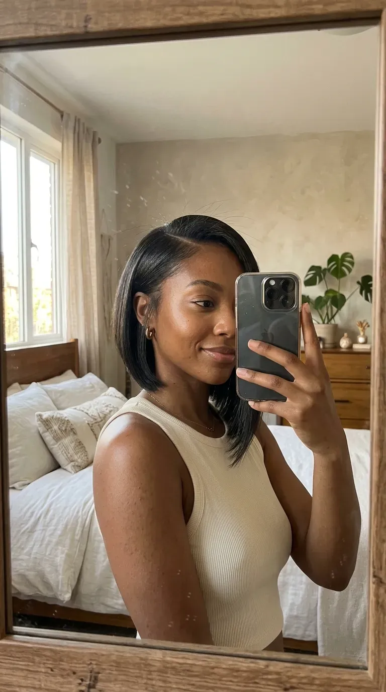 11 Short Silk Press Hairstyles That Look Sleek, Chic, and Effortlessly Polished 6 Woman taking an iPhone mirror selfie showing her modern asymmetrical short silk press.