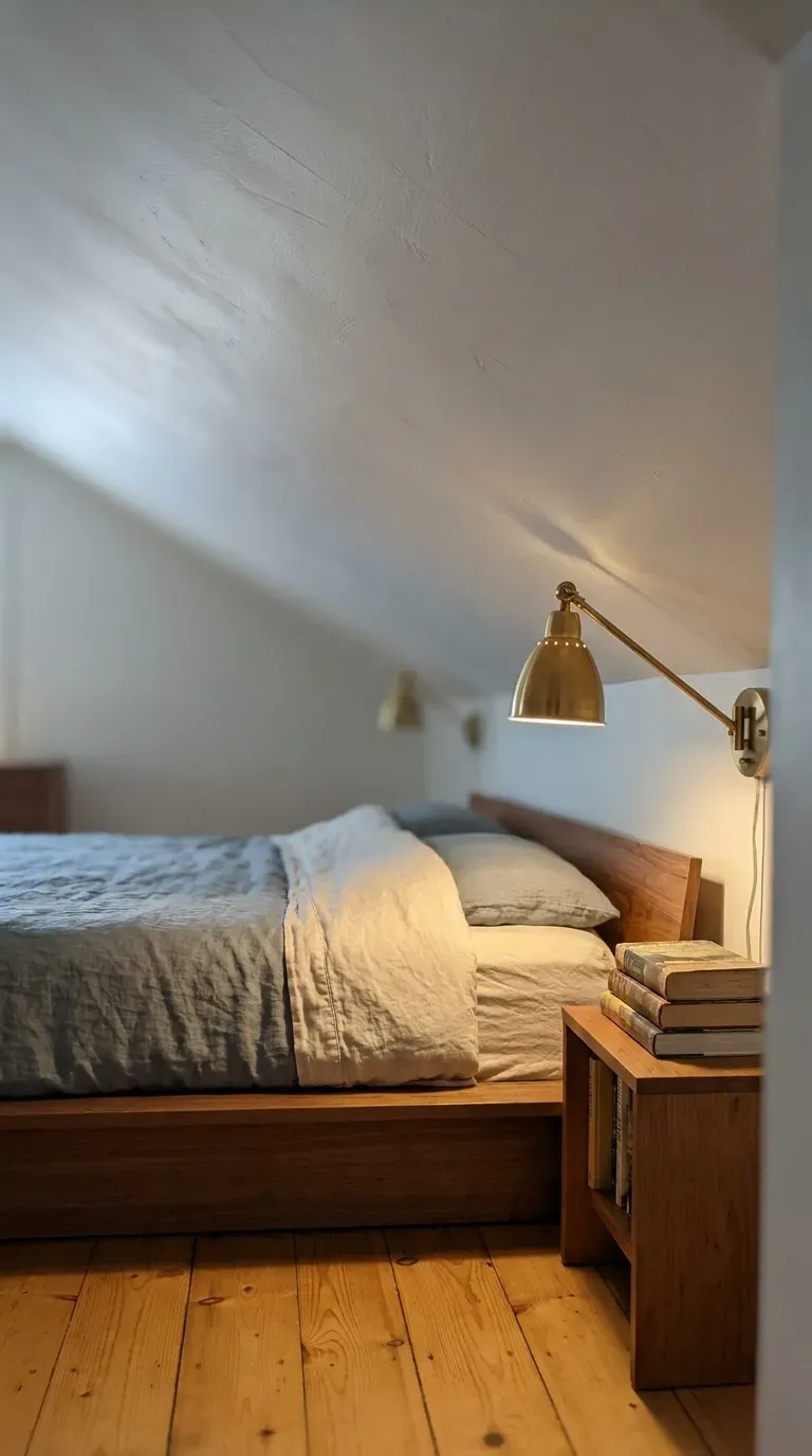 low daybed tucked under an angled attic sloped ceiling with a mounted brass reading sconce