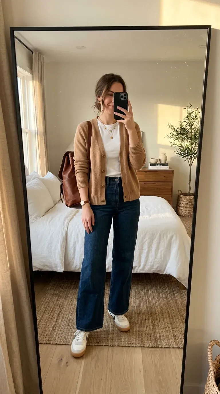 Student wearing a cardigan with white tee and wide-leg jeans for a stylish fall school outfit.