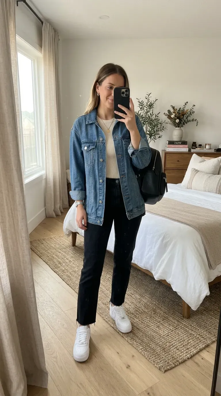 Student wearing a denim jacket with black jeans for a casual fall school outfit.